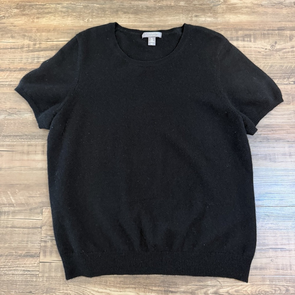 Charter Club Cashmere Sweater Black Women's SZ XL Crew Neck Short Sleeve Staple